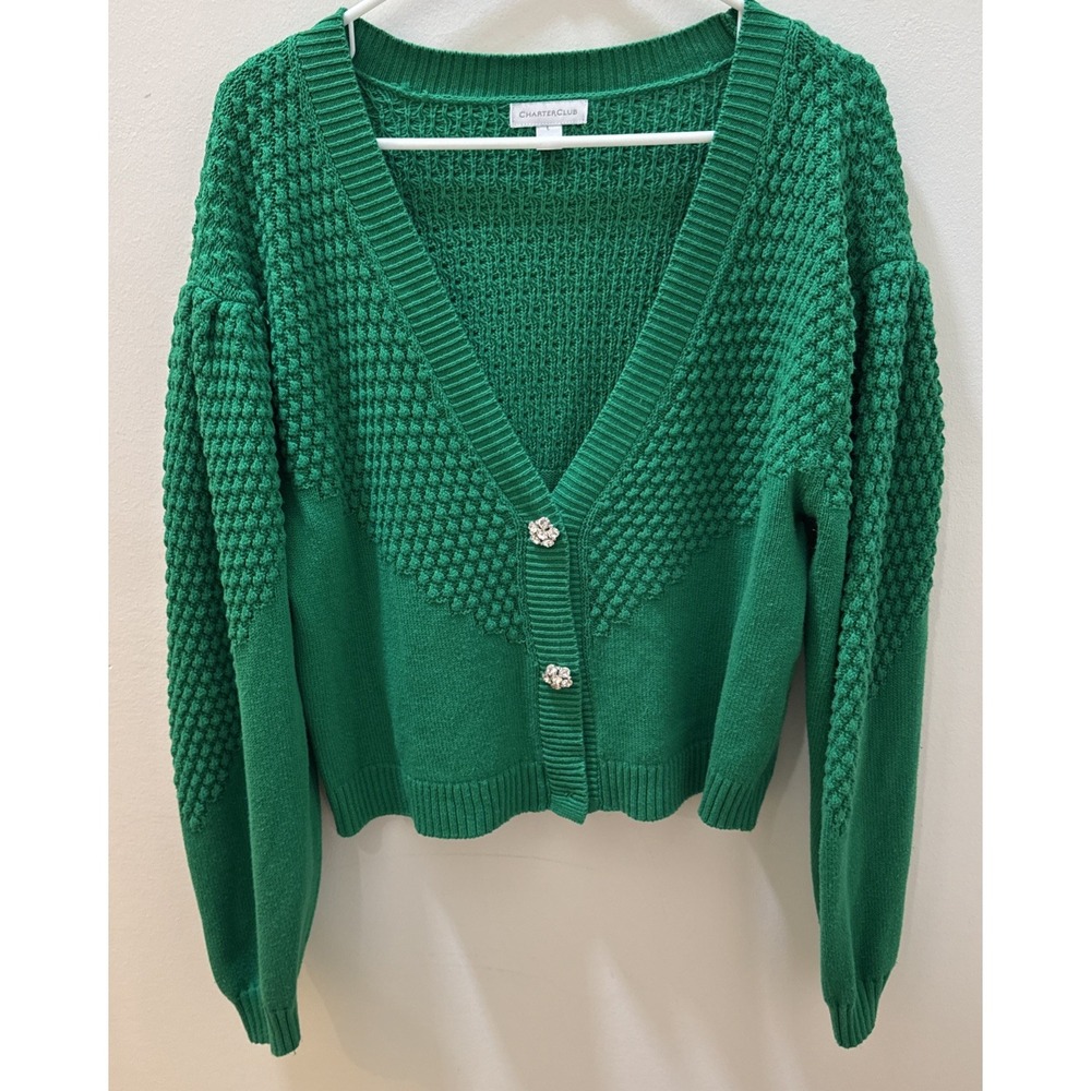 Charter Club Cable Knit Cropped Cardigan Sweater Preppy Holiday Green Sz L
